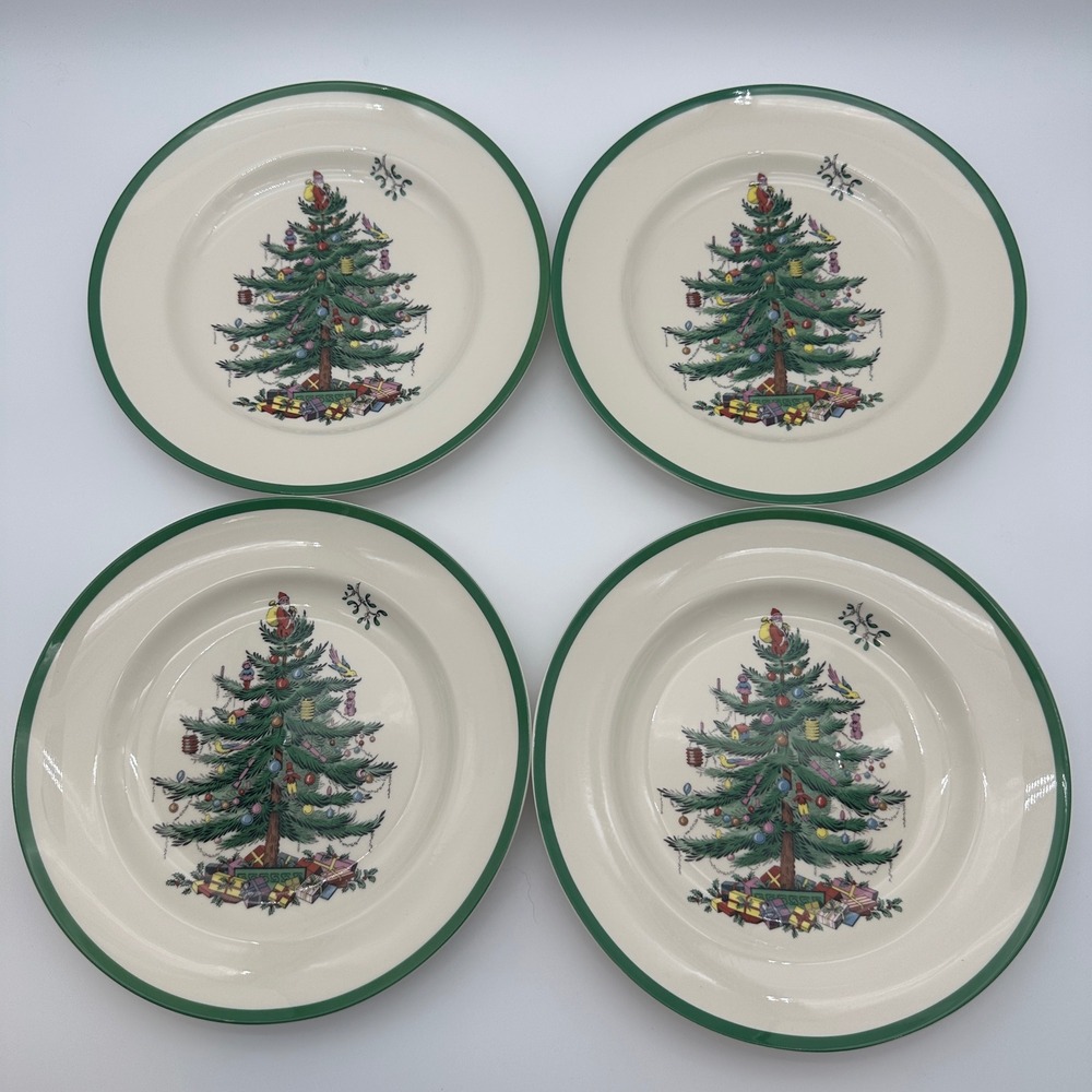 Spode Christmas Tree Dinner Plates Set of 4 Green Trim Holiday 10.5 Inch S3324